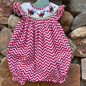 Ladybug Smocked Red & White Chevron Print Baby Bubble Romper 12m
